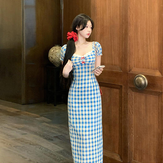 西遇格子泡泡袖连衣裙女夏季新款蝴蝶结蕾丝拼接法式收腰裙子SS050828/SS050829 商品图1