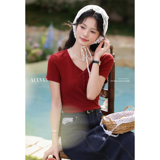 鹿向南「玫瑰星尘」气质优雅百搭修身显瘦红色V领短袖T恤上衣女夏 商品图4