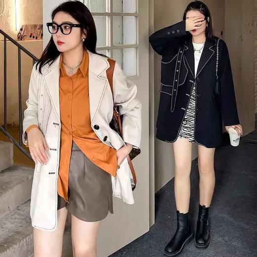 超值购【诗铭洛可】XCY811 撞色明线西服大码复古个性宽松大码外套A15-3 商品图0