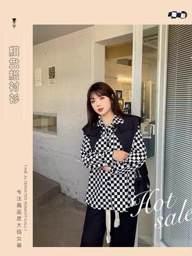 超值购【诗铭洛可】XCX234撞色格子两件套大码棋盘格衬衣A14-2