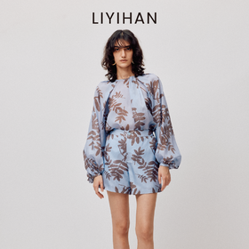 LIYIHAN花影  桑蚕丝圆领印花上衣度假休闲透气衬衫