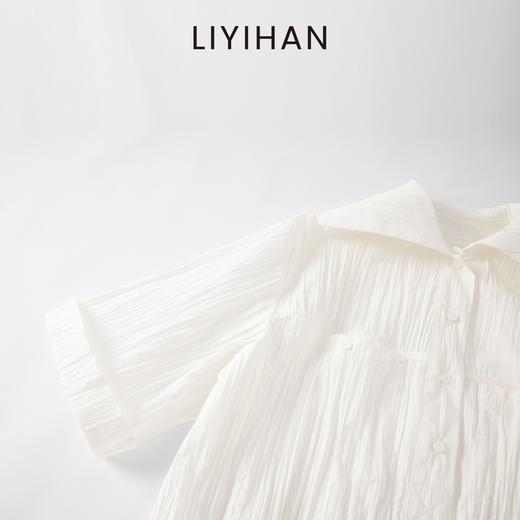 LIYIHAN  25夏棉褶皱纯色翻领短袖衬衫白色大翻领衬衫高级感 商品图2