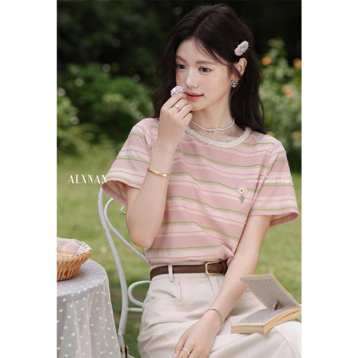 鹿向南 粉色条纹短袖T恤 商品图3