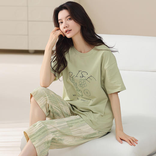 雀说100%纯棉睡衣女夏季新款短袖七分裤套装休闲时尚宽松家居服可外穿ALN1118 商品图1