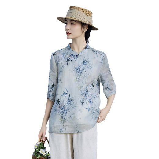 雀说中国风复古小众独特设计立领新中式斜襟盘扣衬衫苎麻印花上衣女AL96181 商品图4