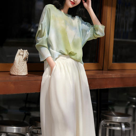 丁摩水墨晕染真丝双绉小衫桑蚕丝T恤圆领印花上衣AL4057 商品图2