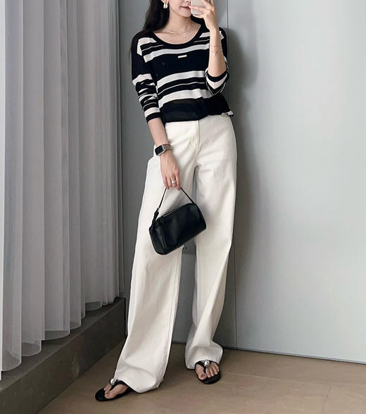 美洋黑白乐谱针织衫68支兰精天丝条纹防晒罩衫 商品图3