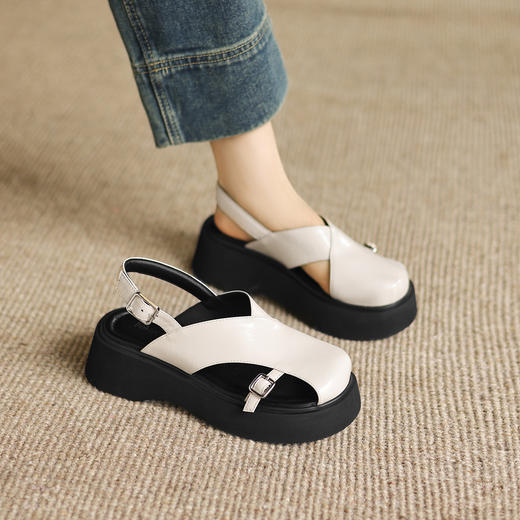 阿么手工女鞋新款机能风真皮凉鞋夏季包趾时尚一脚蹬厚底鞋子5CM 商品图2