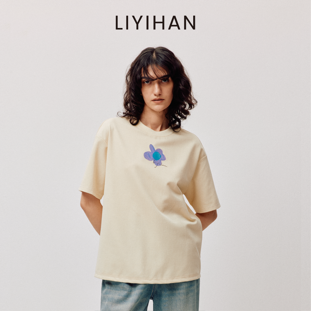 LIYIHAN序章  高端爽滑裸感棉印花花朵针织T恤宽松短袖时尚感