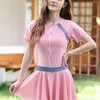 【撞色拼接连体泳衣女】 遮肚时尚显瘦保守修身裙式游泳户外防晒泳装 商品缩略图1