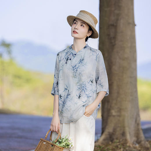 雀说中国风复古小众独特设计立领新中式斜襟盘扣衬衫苎麻印花上衣女AL96181 商品图0