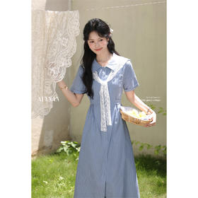 鹿向南「蓝岛恋人」法式气质蓝色条纹短袖翻领连衣裙女夏A字长裙