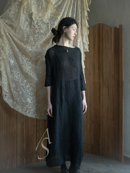 Daniela Gregis  黑色褶皱亚麻直身连衣裙 商品图1