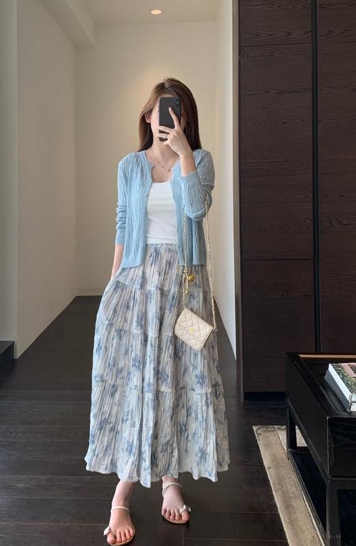 夏日浪漫印花裙飘逸大裙摆褶皱高腰显瘦半裙 商品图1