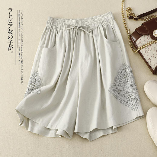 雀说新款棉麻休闲裤女蕾丝拼接阔腿裤大码薄款短裤AL8007 商品图2