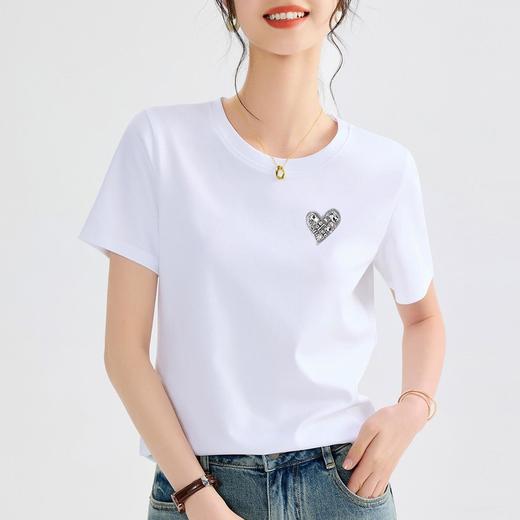 「自」全新升级【铂金会员109/天猫139/差价30】(99953)洛诗琳液氨丝光棉T恤2025夏季气质正肩显瘦镶钻爱心短袖上衣 商品图2
