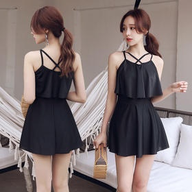 【柔软亲肤！舒适透气】新款温泉连体黑色游泳衣女保守显瘦性感简约泳装加大码泳装。ry