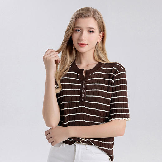 丁摩桑蚕丝条纹短袖T恤女士新款夏季百搭显瘦真丝针织打底衫上衣AL25032 商品图0