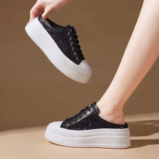 「K」洛诗琳43350后空蕾丝板鞋2025夏季厚底休闲半拖小白鞋038 商品图2