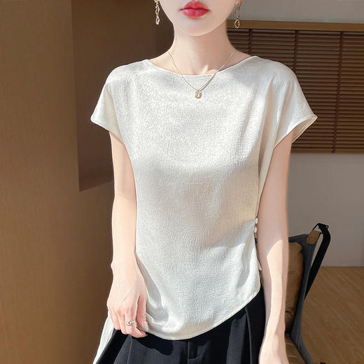雀说丝绸缎面夏季女装新款肌理感上衣时尚百搭圆领修身气质T恤短袖ALR-M37 商品图1