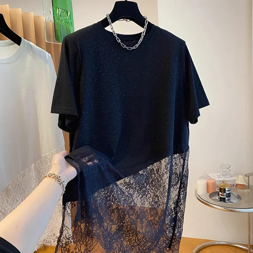 雀说夏季小众设计感网纱蕾丝拼接短袖女中长款T恤宽松外穿上衣AL 商品图0