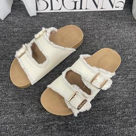 新款毛边皮带扣二字带休闲百搭博肯拖鞋A886