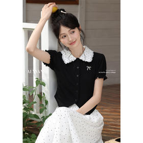 鹿向南「甜美物语」黑色撞色蕾丝娃娃领短袖上衣女夏新款波点T恤