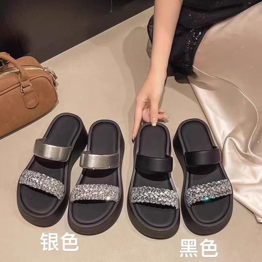 小个子专属方头水钻一字带厚底增高拖鞋25322 商品图3