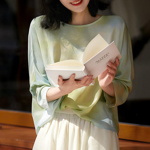 丁摩水墨晕染真丝双绉小衫桑蚕丝T恤圆领印花上衣AL4057 商品图1