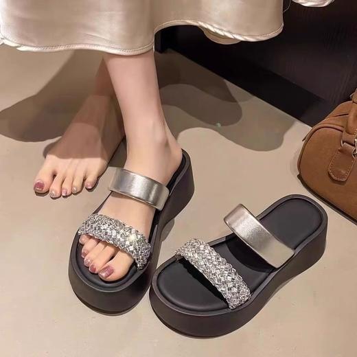 小个子专属方头水钻一字带厚底增高拖鞋25322 商品图1