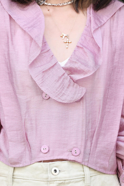 TYNVIE 荷叶边领子气球袖裹身短款衬衫-粉色格纹 商品图7