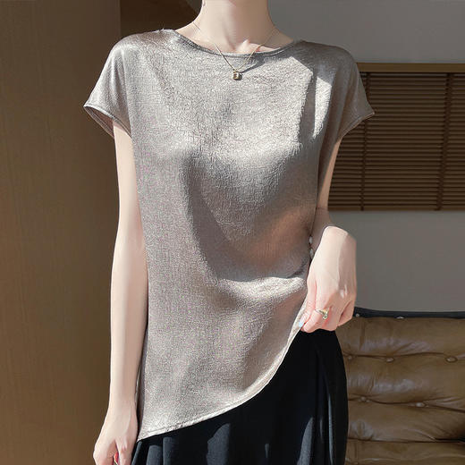 雀说丝绸缎面夏季女装新款肌理感上衣时尚百搭圆领修身气质T恤短袖ALR-M37 商品图5