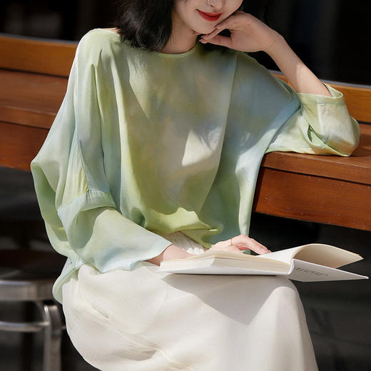 丁摩水墨晕染真丝双绉小衫桑蚕丝T恤圆领印花上衣AL4057 商品图3