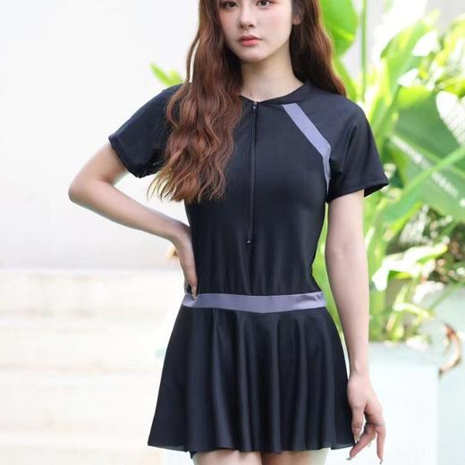 【撞色拼接连体泳衣女】 遮肚时尚显瘦保守修身裙式游泳户外防晒泳装 商品图2