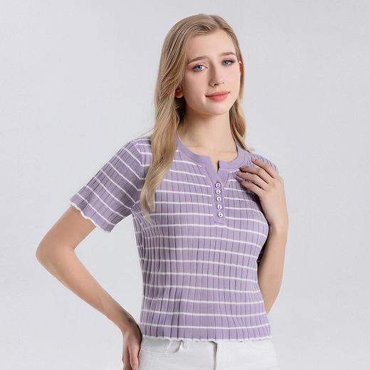 丁摩桑蚕丝条纹短袖T恤女士新款夏季百搭显瘦真丝针织打底衫上衣AL25032 商品图2