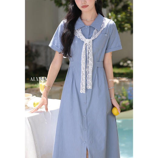 鹿向南「蓝岛恋人」法式气质蓝色条纹短袖翻领连衣裙女夏A字长裙 商品图3