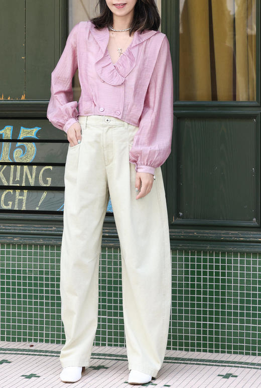 TYNVIE 荷叶边领子气球袖裹身短款衬衫-粉色格纹 商品图1