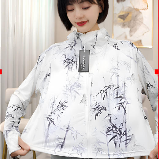 雀说夏季国风墨竹短款印花防晒衣冰丝连帽透气防晒服户外运动防晒外套ALF015 商品图2