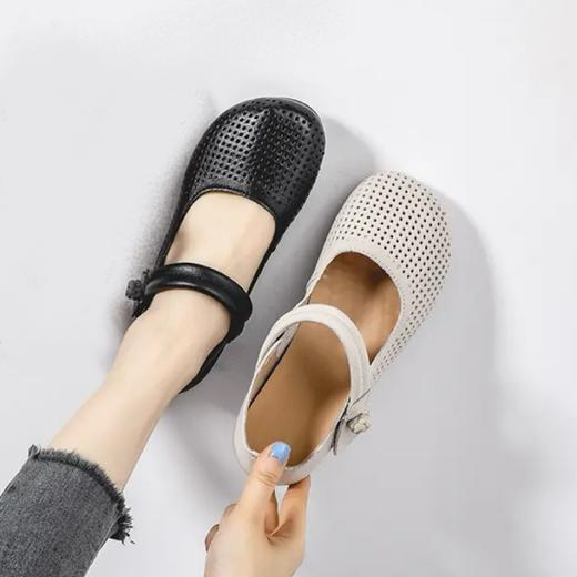 复古真皮镂空妈妈鞋魔术贴一字扣软底单鞋1126/608 商品图3