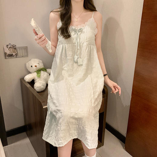 【夏季薄款吊带睡裙】V领蕾丝花边云朵棉纯色少女甜美睡裙中长款家居裙。ry 商品图2