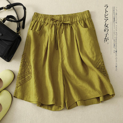 雀说新款棉麻休闲裤女蕾丝拼接阔腿裤大码薄款短裤AL8007 商品图3