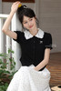 鹿向南「甜美物语」黑色撞色蕾丝娃娃领短袖上衣女夏新款波点T恤 商品缩略图5