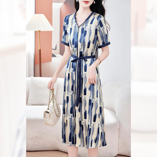 丁摩重磅真丝连衣裙女中长款新款V领缎面桑蚕丝短袖裙AL0551 商品图2