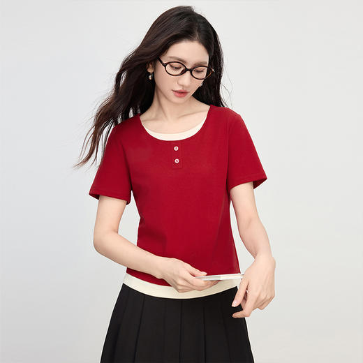 【周四狂欢价】熙世界假两件圆领短袖T恤女2025春夏新款设计感显瘦棉质正肩上衣 商品图4