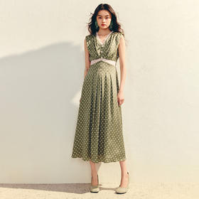 法式茶歇蕾丝拼接波点高腰连衣裙2025夏季(货号:MF86DR005D5002)