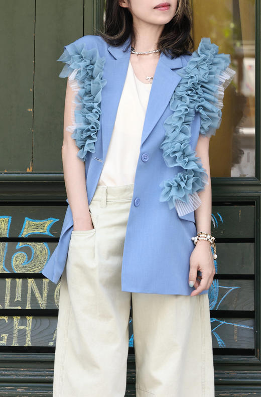 TYNVIE 分层荷叶边挺括无袖马甲西装外套-蓝色 商品图8