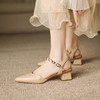 阿么手工女鞋一字带真皮凉鞋夏粗跟2025新款丝带尖头中跟鞋女4CM 商品缩略图1