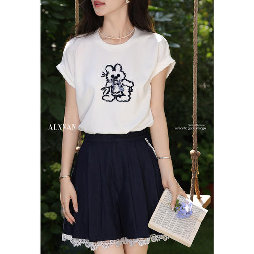 鹿向南「蓝调絮风」蕾丝边蓝色短裤女2025年夏季新款设计感休闲裤 商品图1