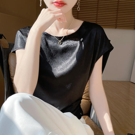 雀说丝绸缎面夏季女装新款肌理感上衣时尚百搭圆领修身气质T恤短袖ALR-M37 商品图9
