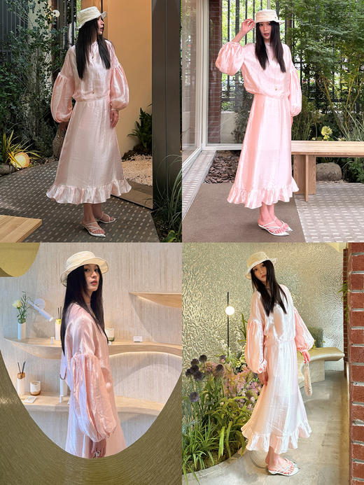 HIDEMI 极简设计感泡泡袖定染柔雾粉桑蚕丝混纺再生纤维廓形感套装 衬衫/半裙 商品图3